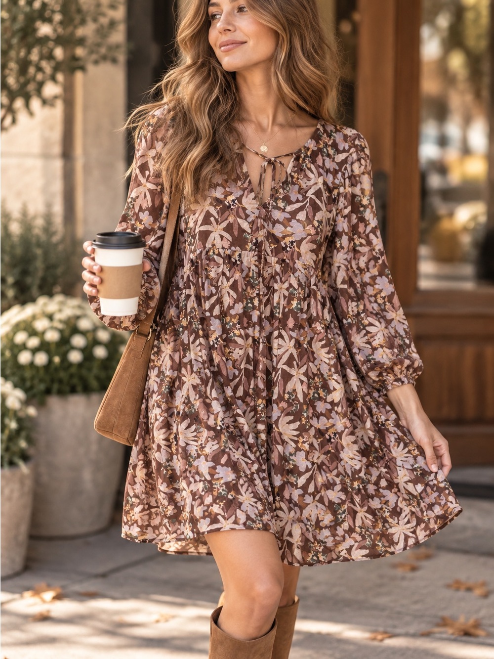 Entro Brown Floral Boho Babydoll Long Sleeve Mini Dress Size M